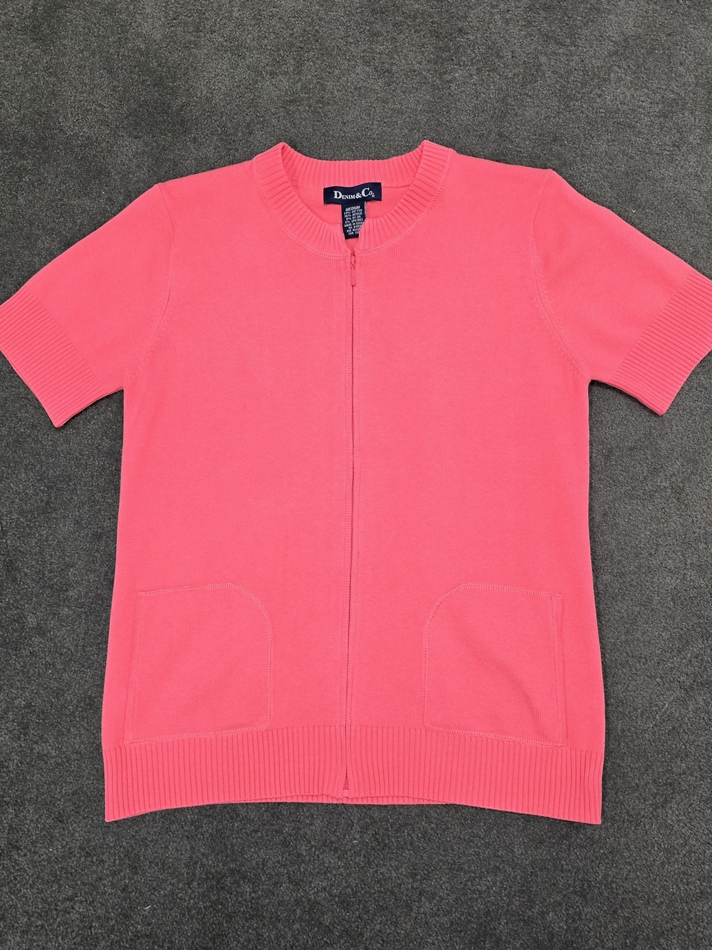 Denim & Co. Women's Pink Short Sleeve Full Zip Knit Cardigan Sweater Pockets M